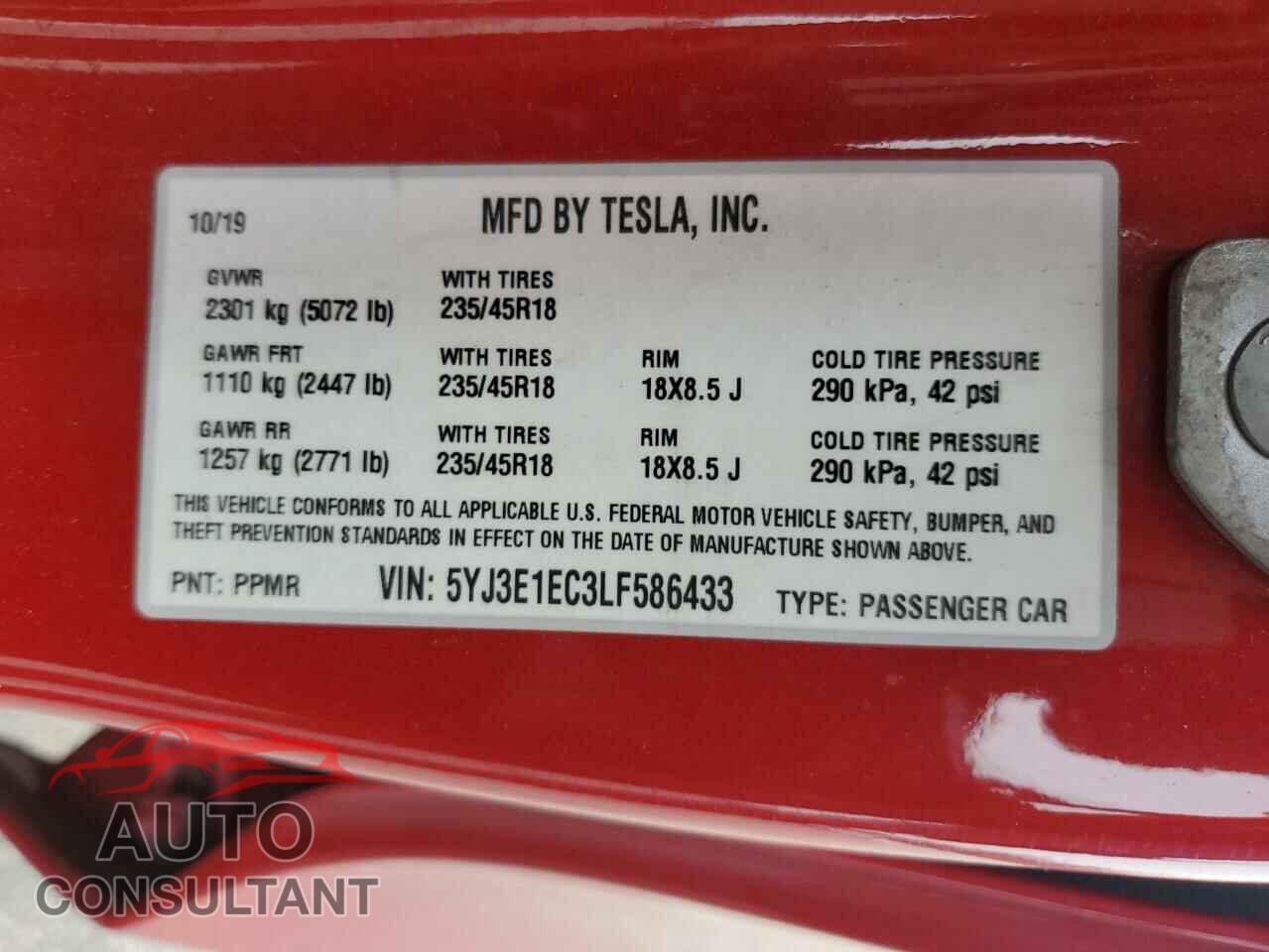 TESLA MODEL 3 2020 - 5YJ3E1EC3LF586433
