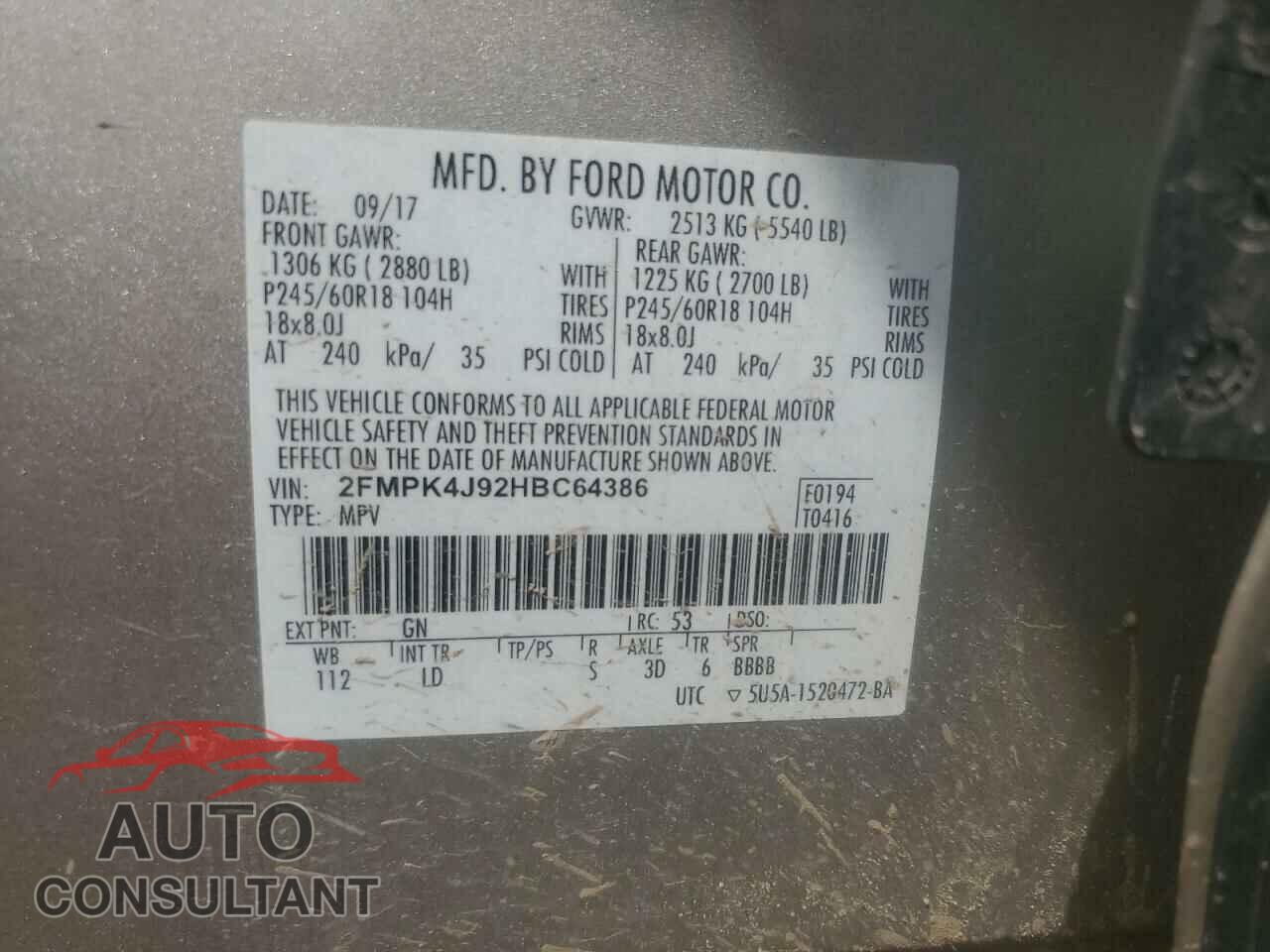 FORD EDGE 2017 - 2FMPK4J92HBC64386