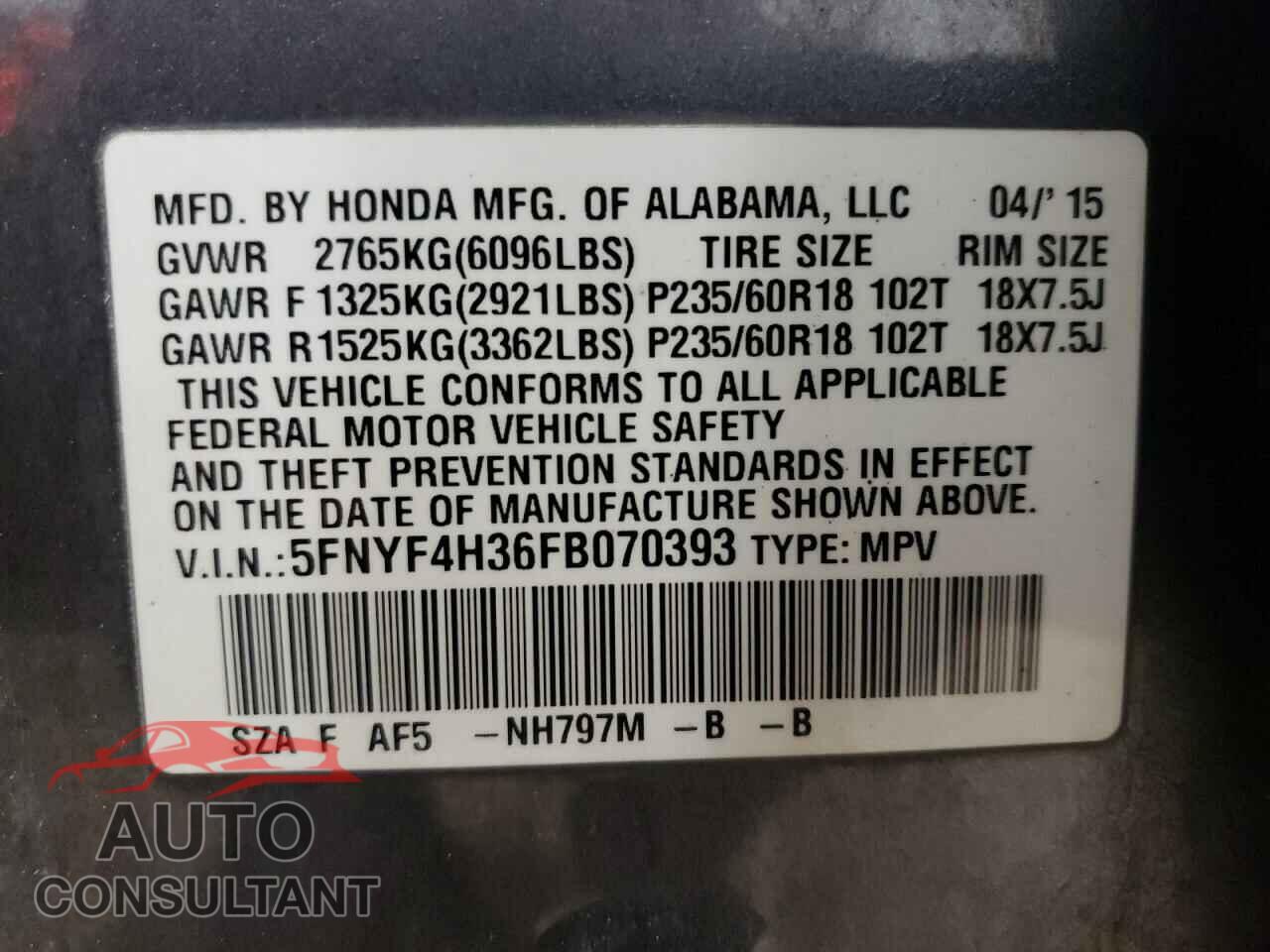 HONDA PILOT 2015 - 5FNYF4H36FB070393