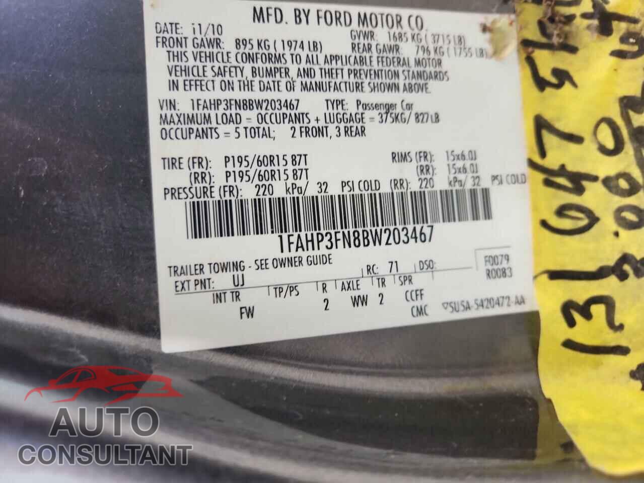 FORD FOCUS 2011 - 1FAHP3FN8BW203467