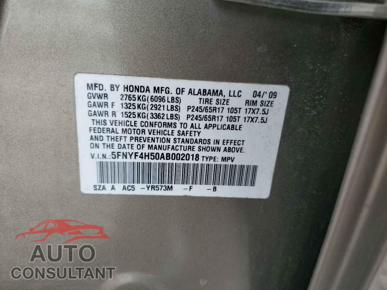 HONDA PILOT 2010 - 5FNYF4H50AB002018