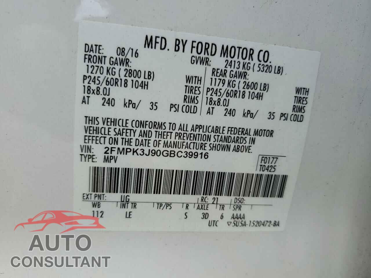 FORD EDGE 2016 - 2FMPK3J90GBC39916