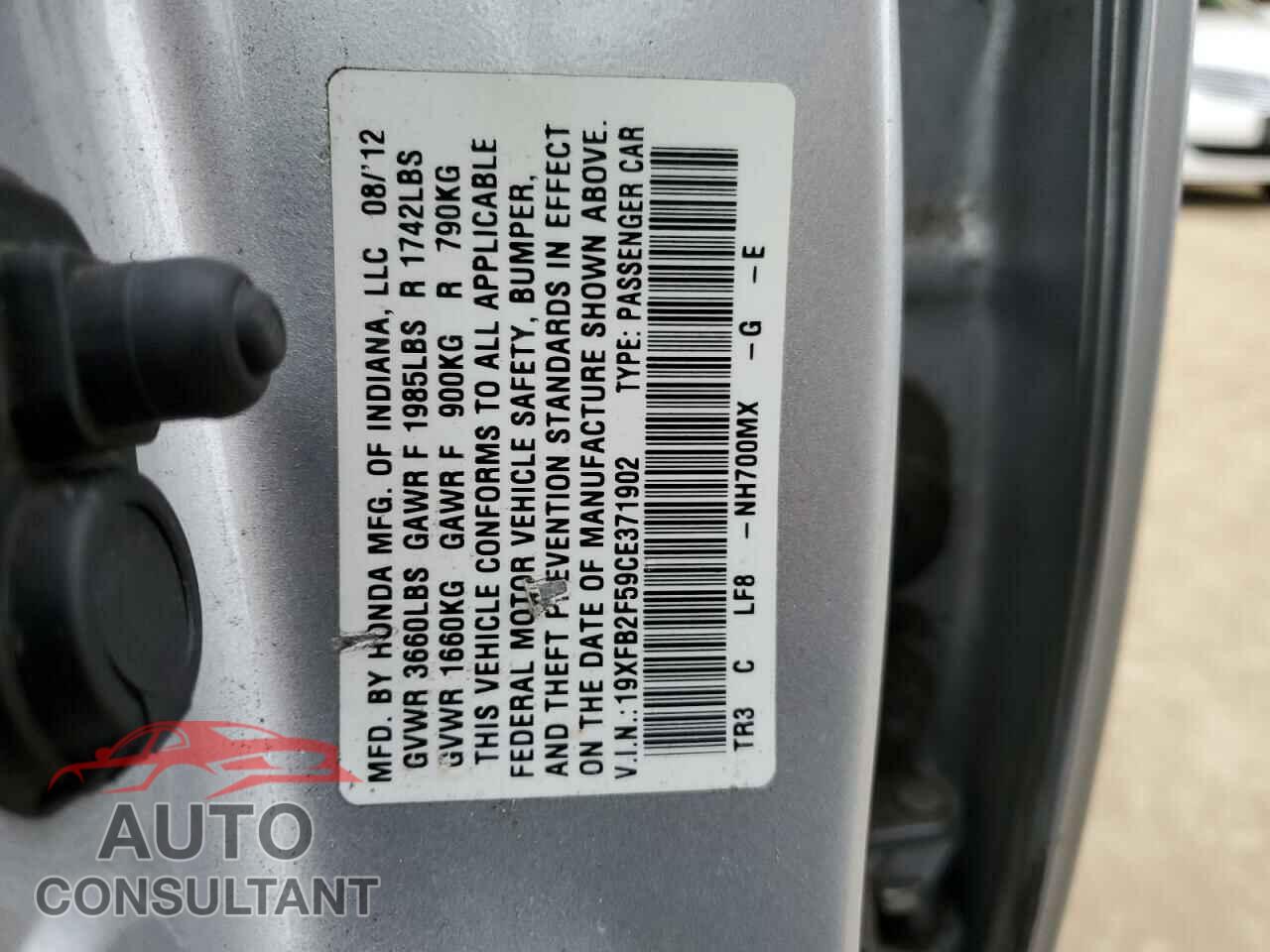 HONDA CIVIC 2012 - 19XFB2F59CE371902