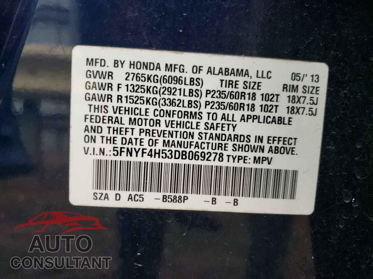 HONDA PILOT 2013 - 5FNYF4H53DB069278