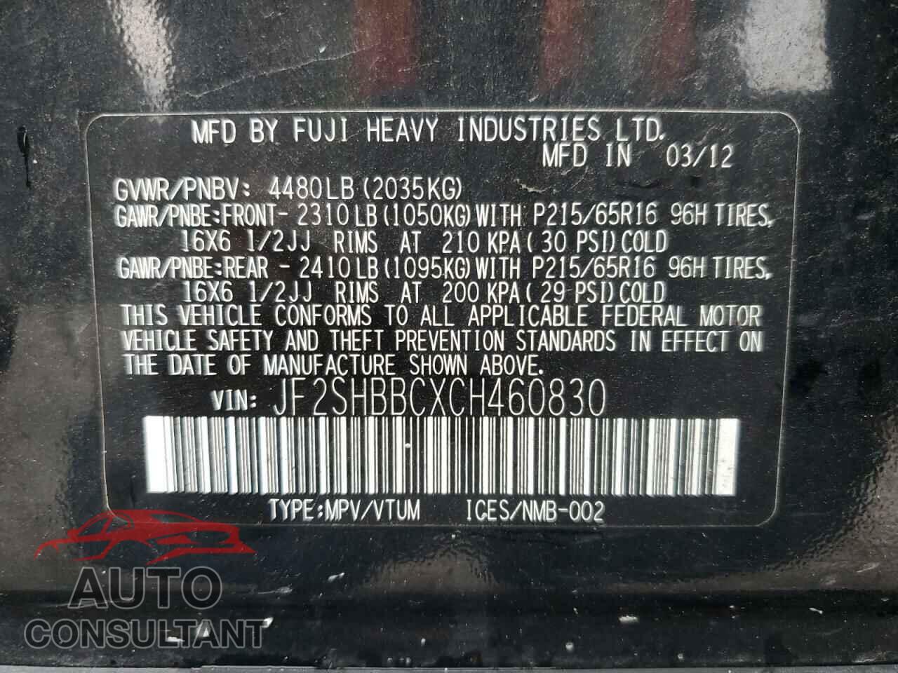 SUBARU FORESTER 2012 - JF2SHBBCXCH460830