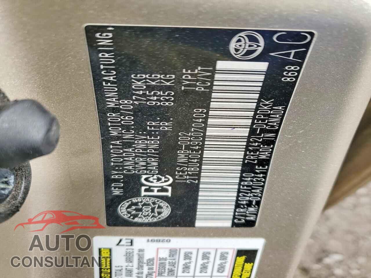 TOYOTA COROLLA 2009 - 2T1BU40E49C070409