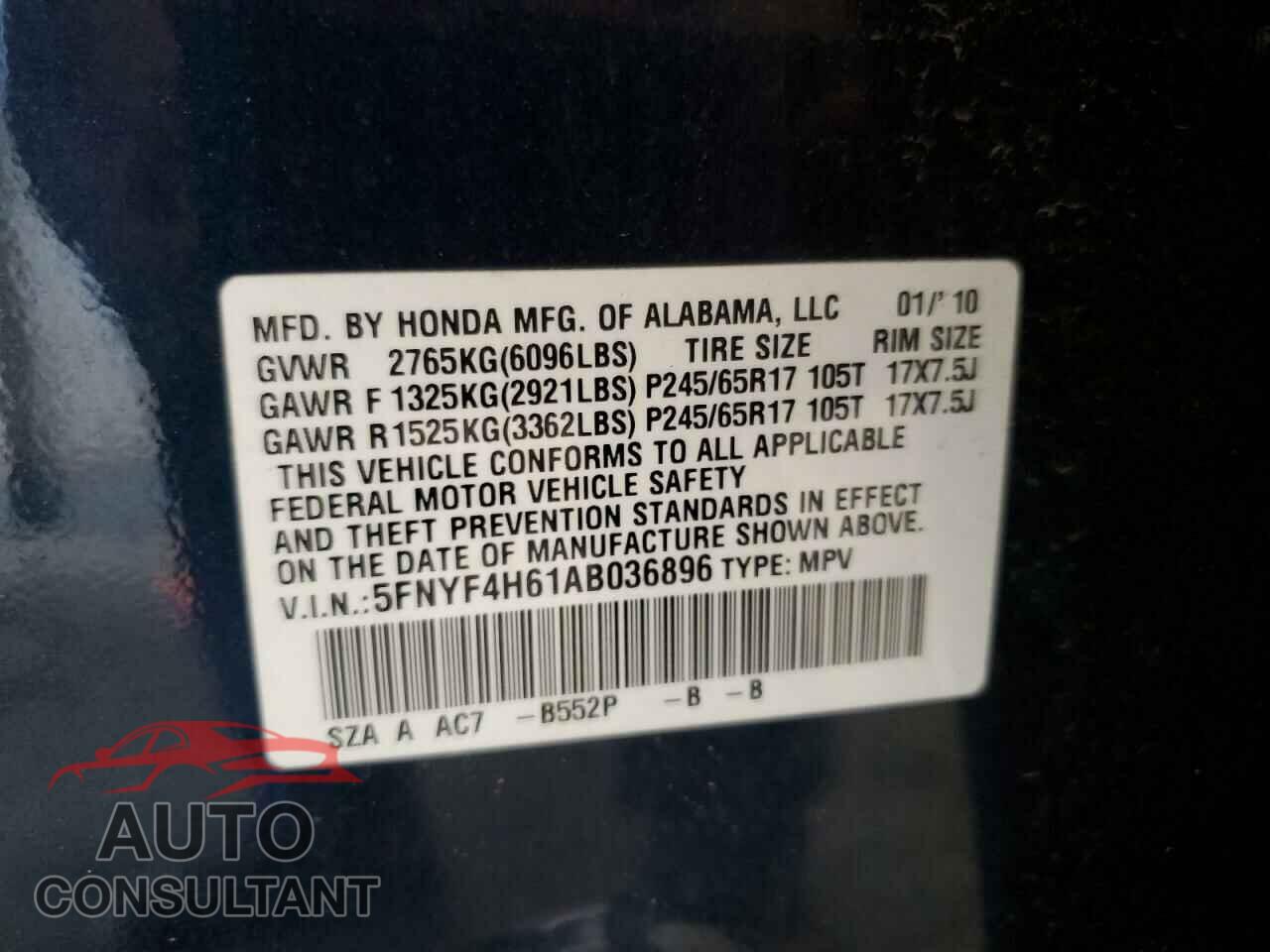 HONDA PILOT 2010 - 5FNYF4H61AB036896