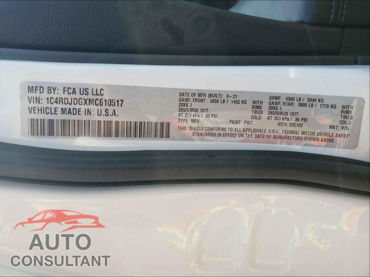 DODGE DURANGO 2021 - 1C4RDJDGXMC610517