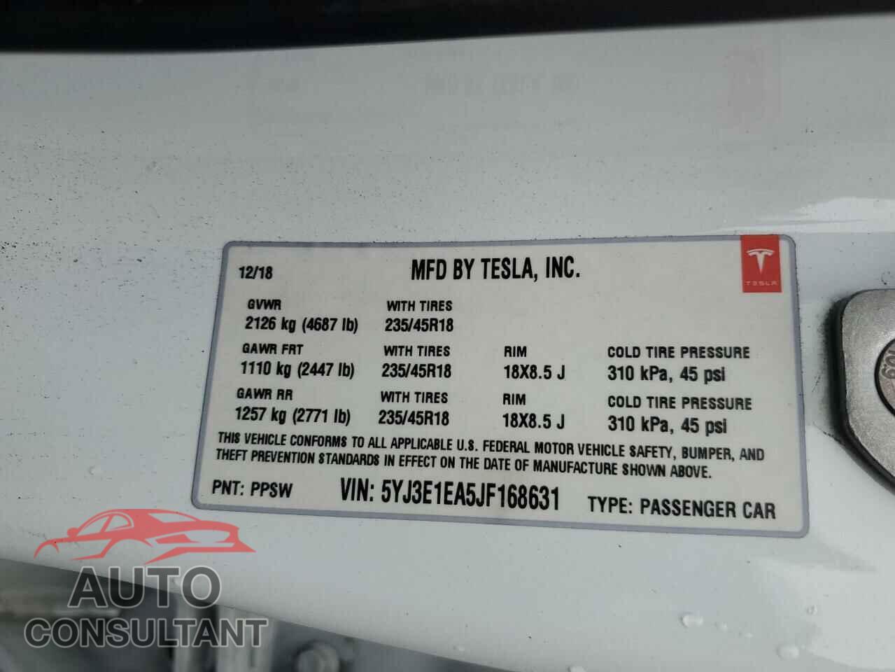 TESLA MODEL 3 2018 - 5YJ3E1EA5JF168631
