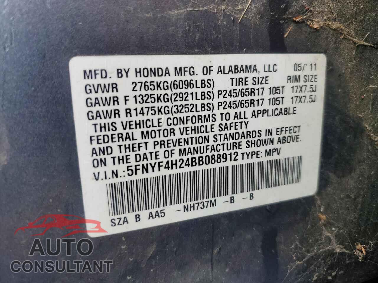 HONDA PILOT 2011 - 5FNYF4H24BB088912