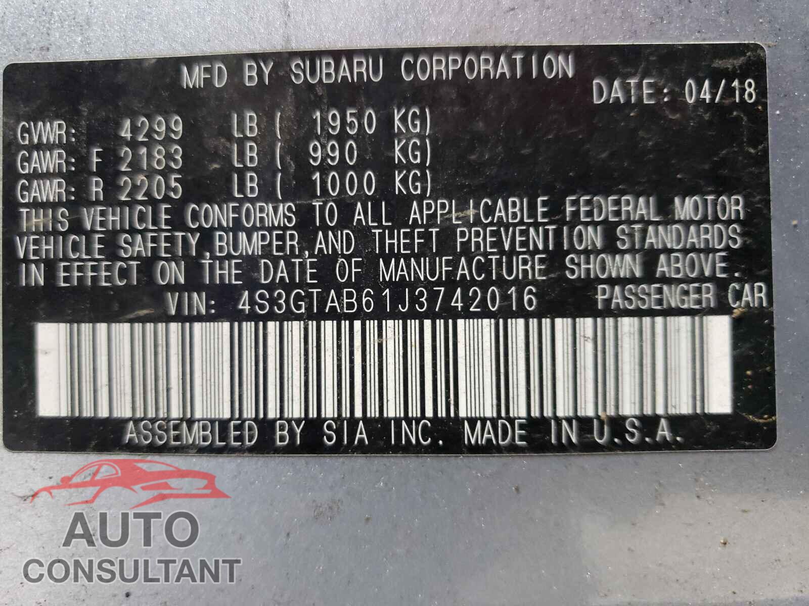 SUBARU IMPREZA 2018 - 4S3GTAB61J3742016