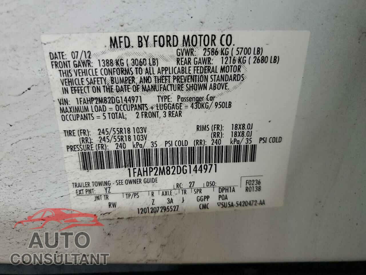 FORD TAURUS 2013 - 1FAHP2M82DG144971