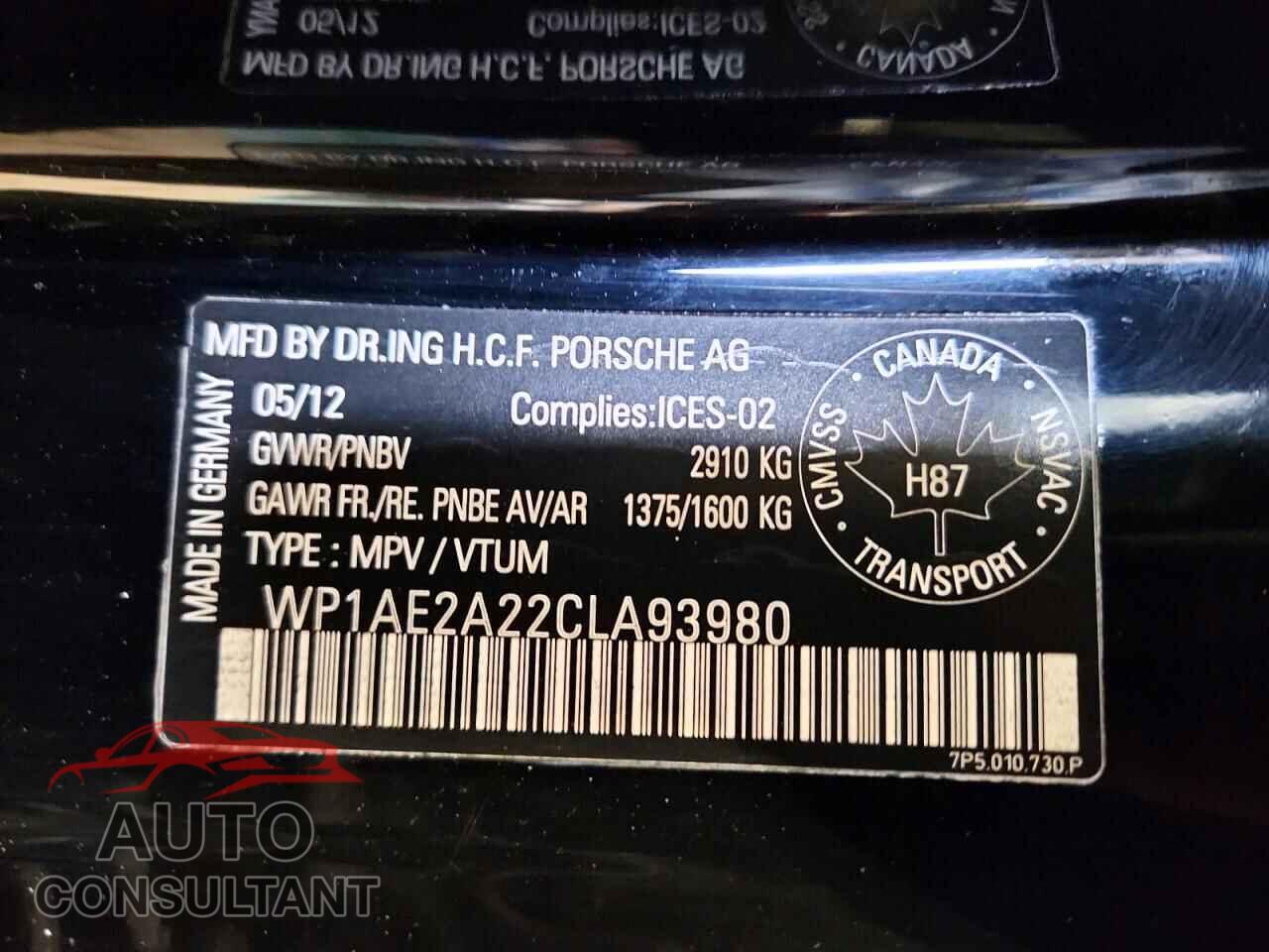 PORSCHE CAYENNE 2012 - WP1AE2A22CLA93980