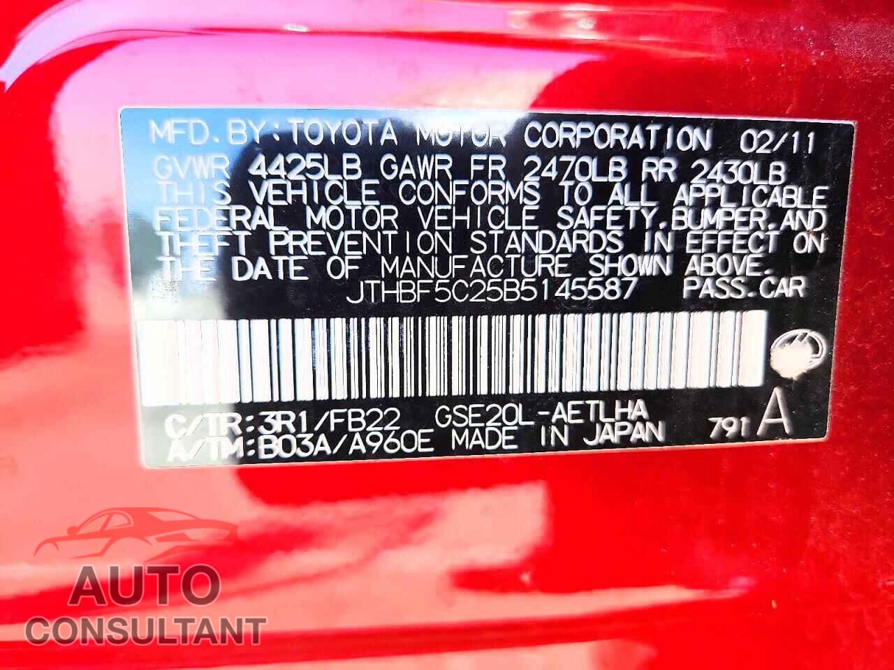 LEXUS IS 2011 - JTHBF5C25B5145587