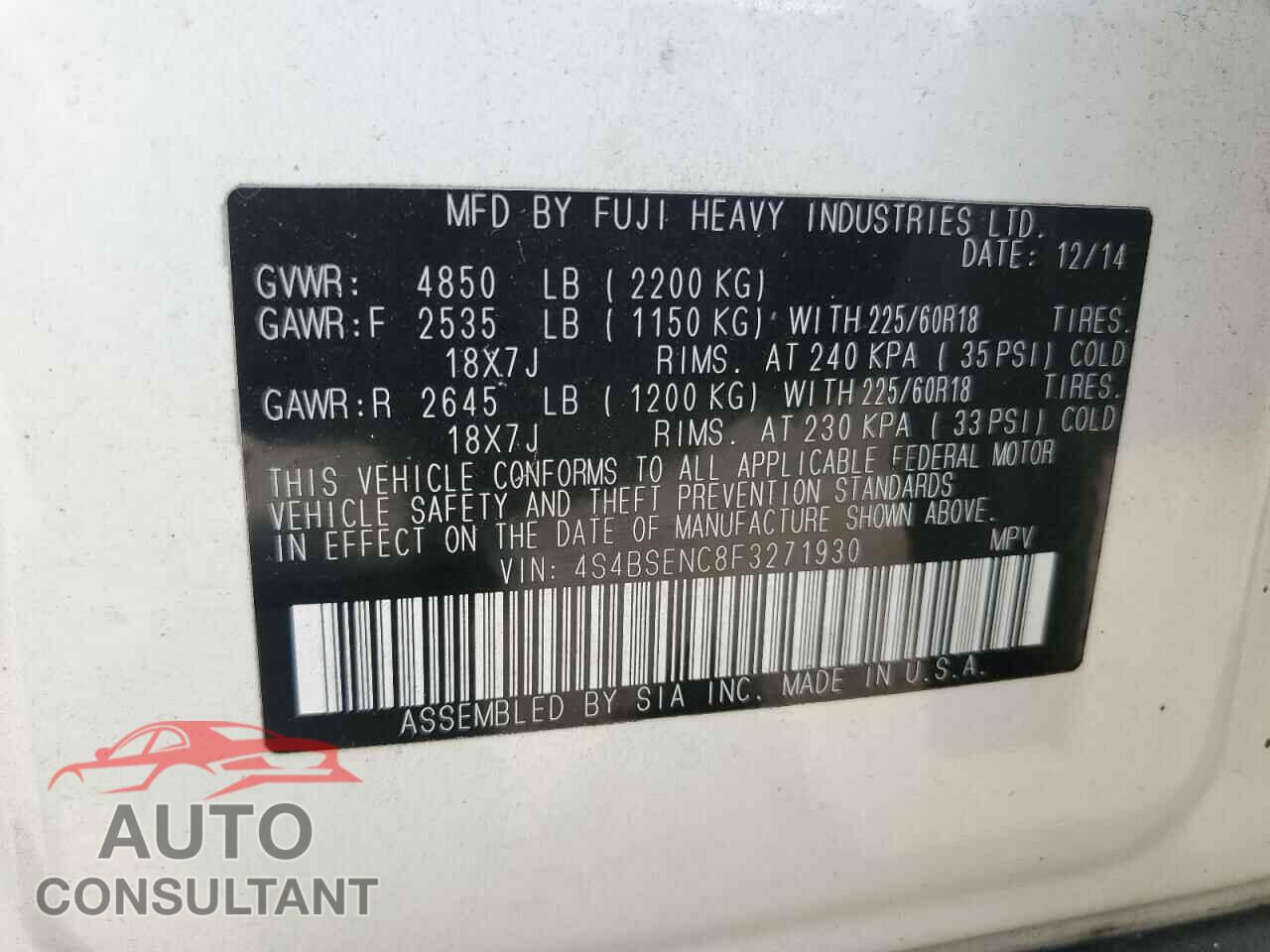SUBARU OUTBACK 2015 - 4S4BSENC8F3271930