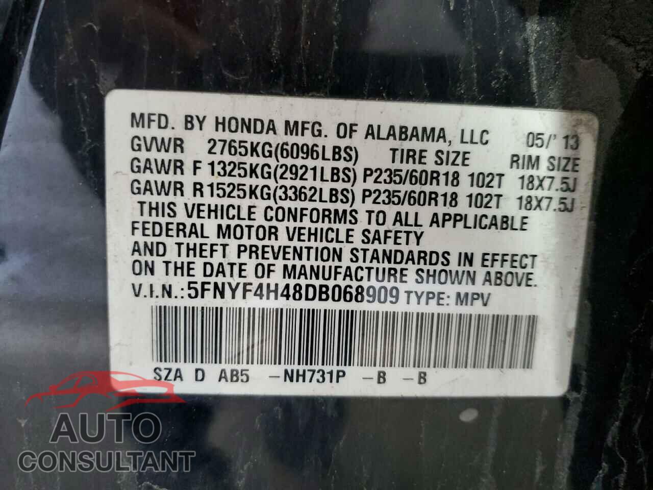 HONDA PILOT 2013 - 5FNYF4H48DB068909