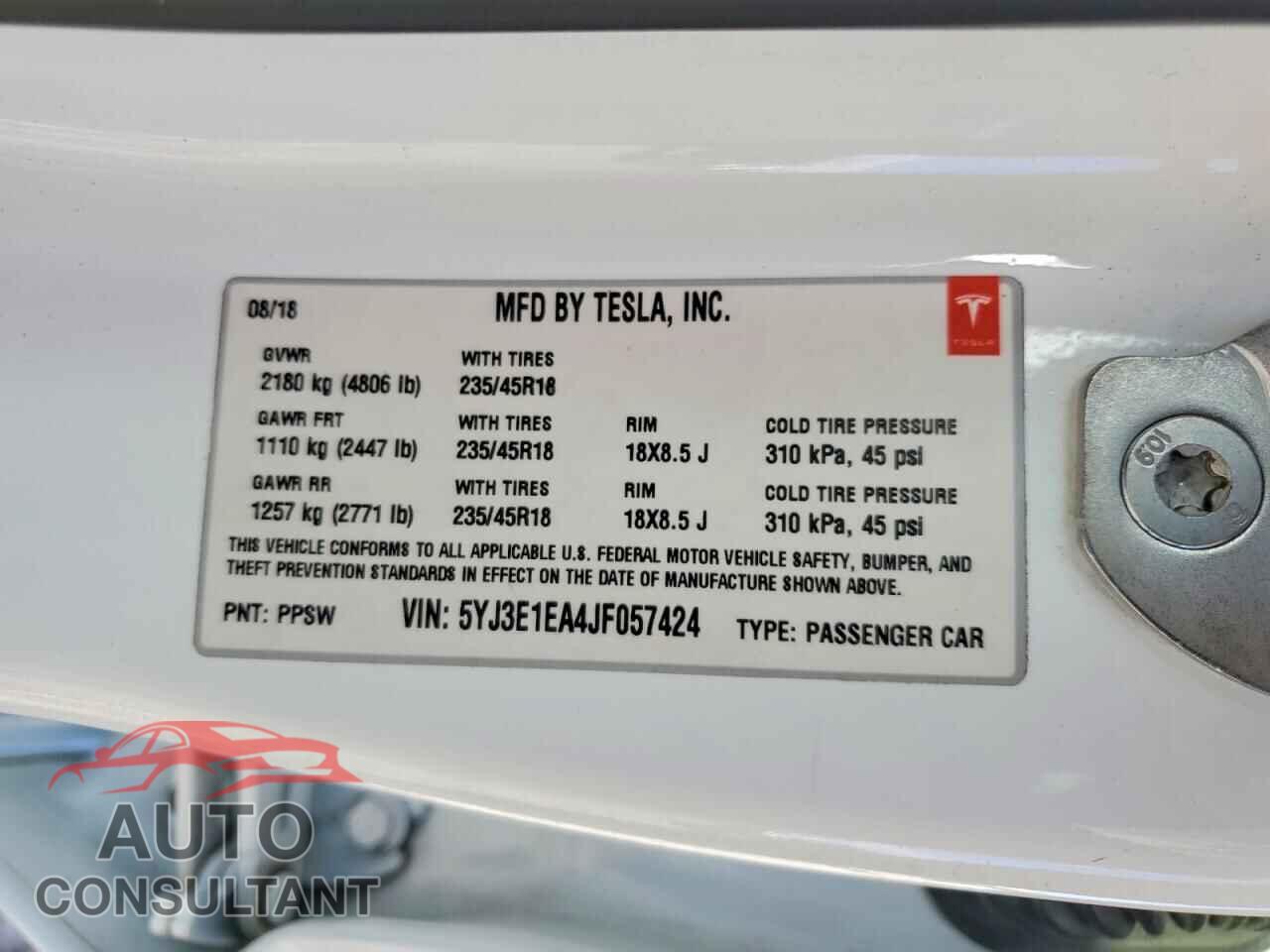 TESLA MODEL 3 2018 - 5YJ3E1EA4JF057424