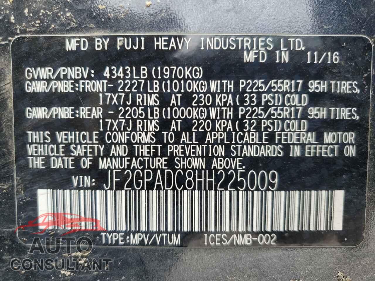 SUBARU CROSSTREK 2017 - JF2GPADC8HH225009