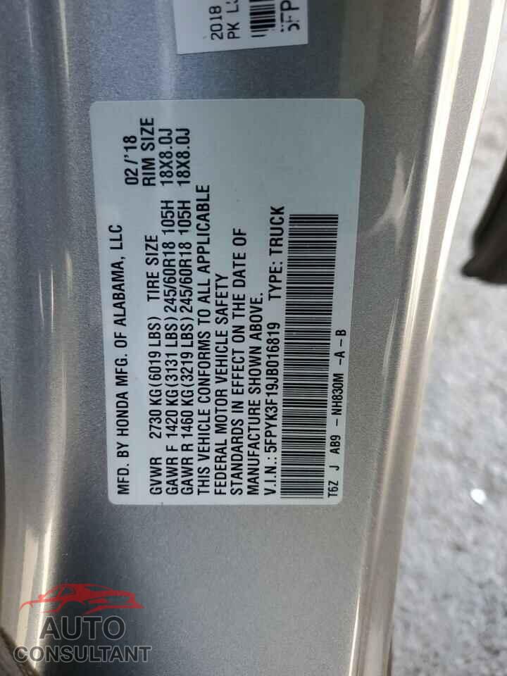 HONDA RIDGELINE 2018 - 5FPYK3F19JB016819