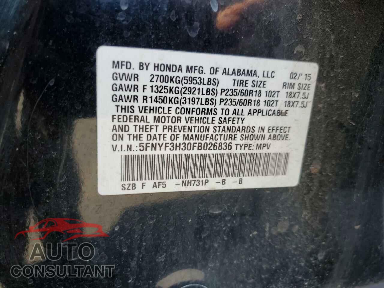 HONDA PILOT 2015 - 5FNYF3H30FB026836