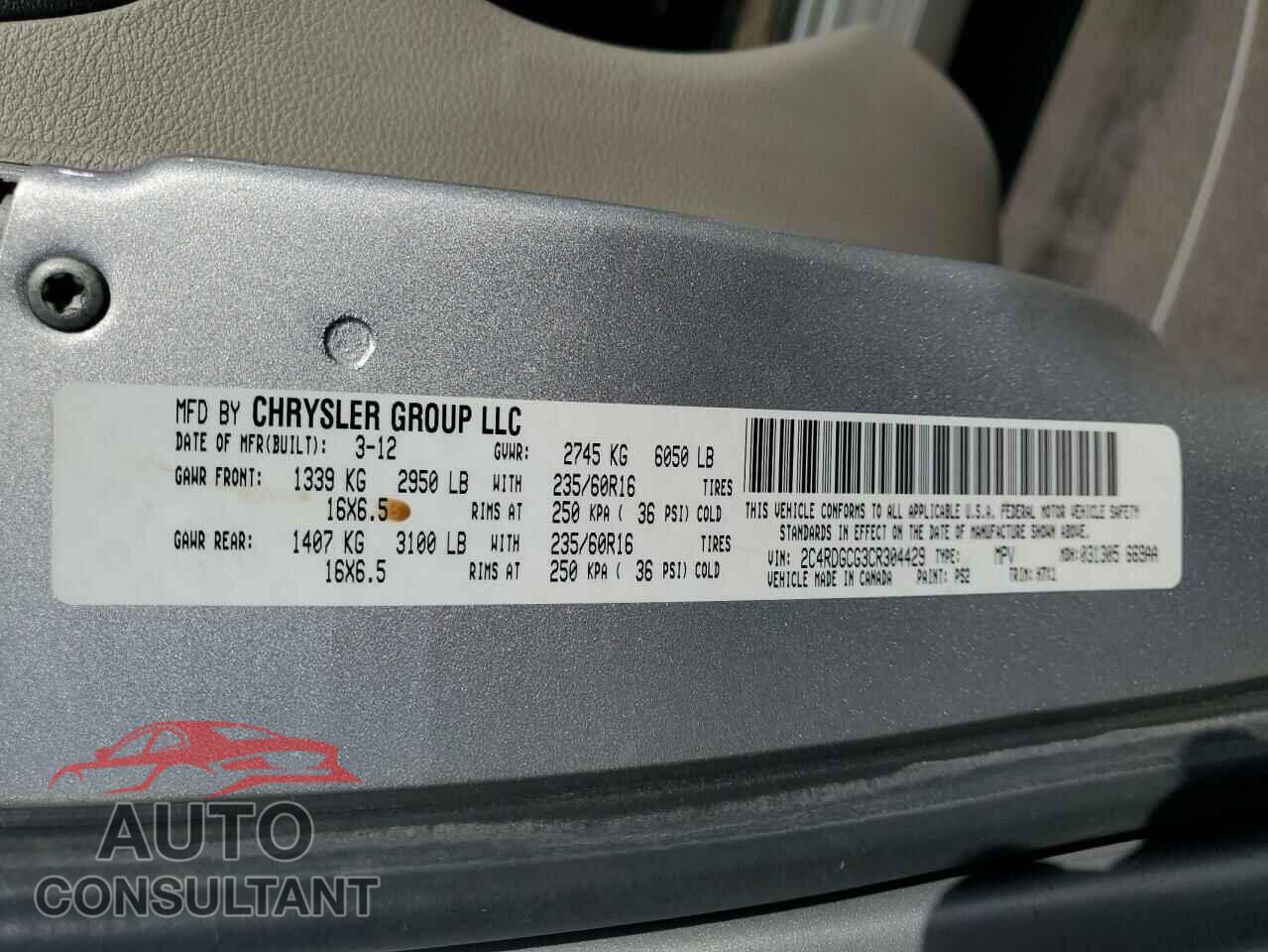 DODGE CARAVAN 2012 - 2C4RDGCG3CR304429