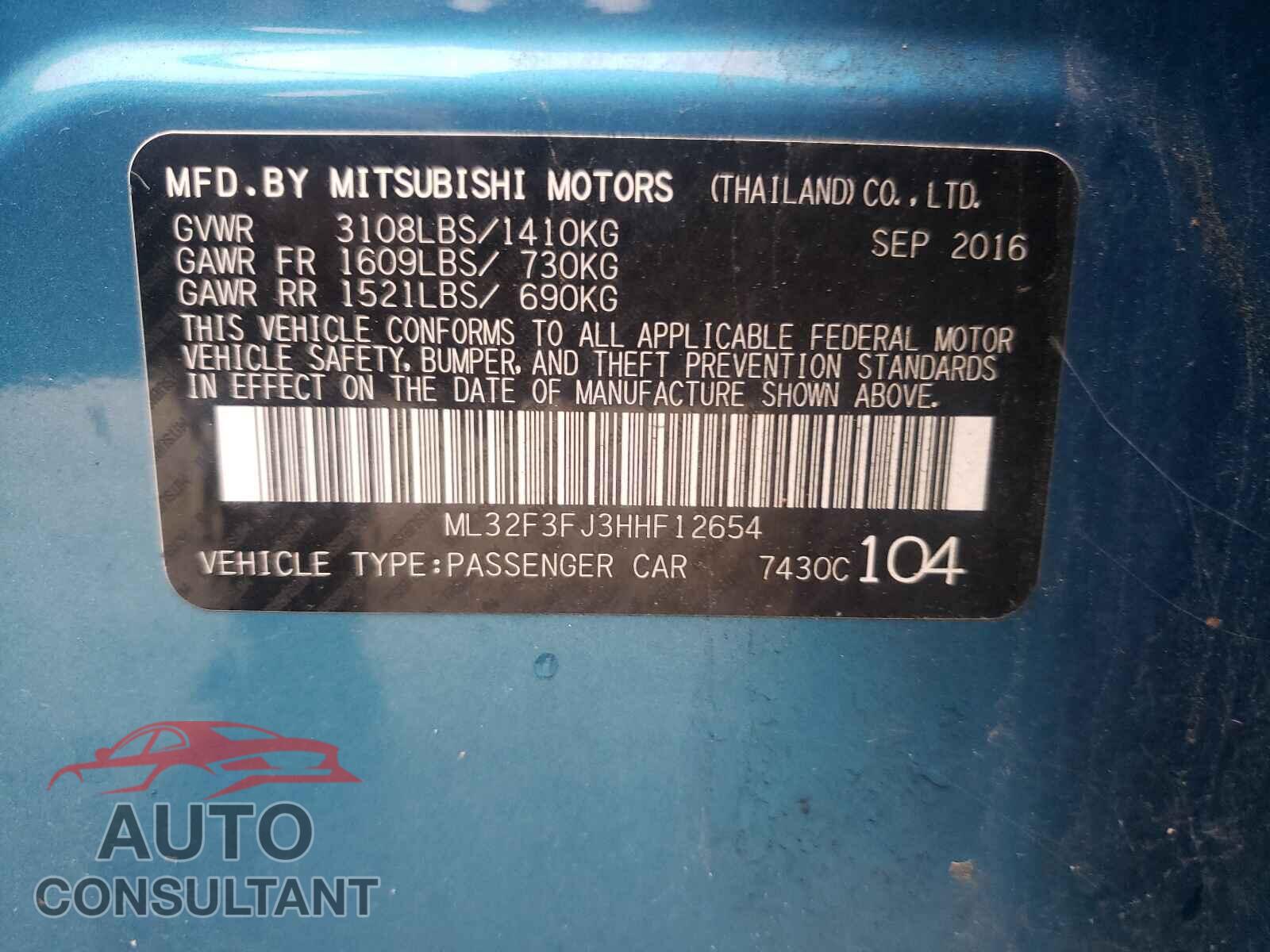 MITSUBISHI MIRAGE 2017 - ML32F3FJ3HHF12654