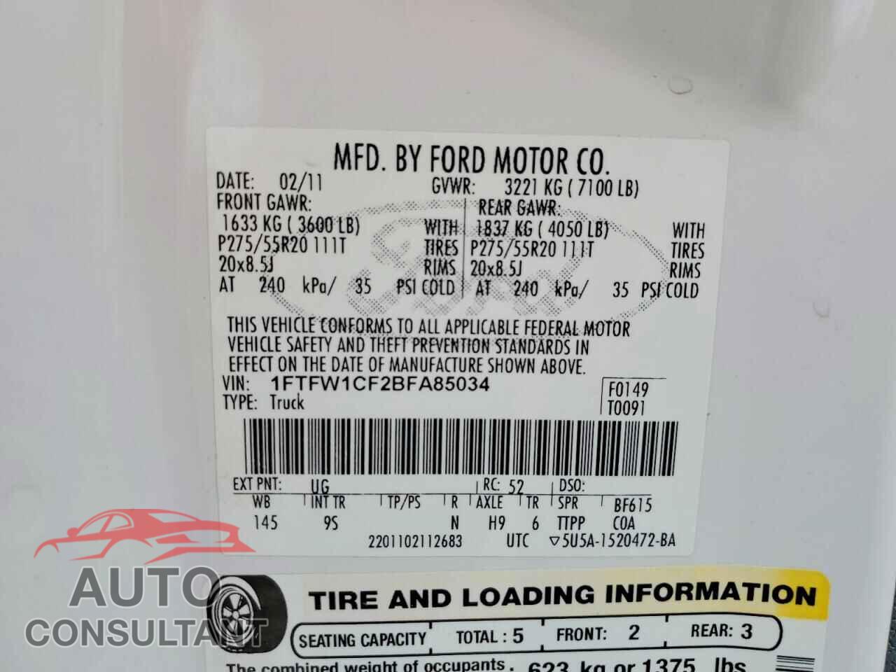 FORD F150 2011 - 1FTFW1CF2BFA85034