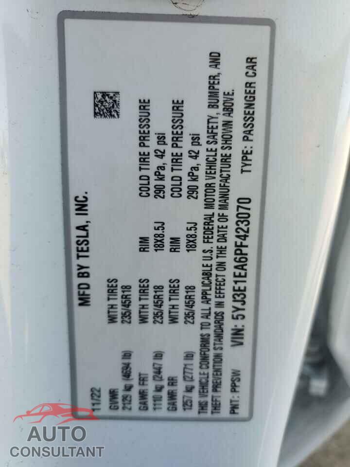 TESLA MODEL 3 2023 - 5YJ3E1EA6PF423070