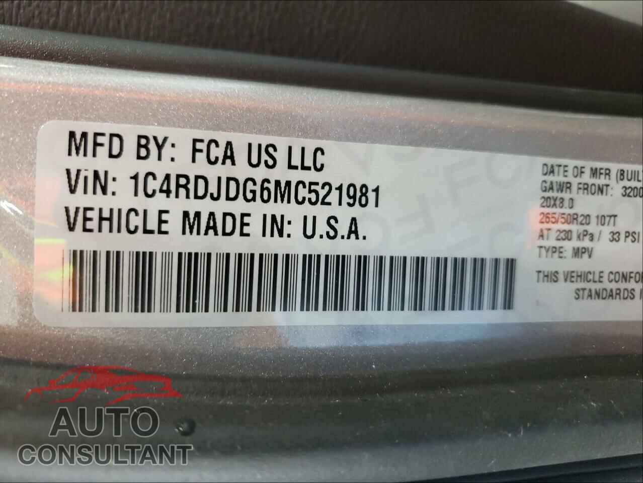 DODGE DURANGO 2021 - 1C4RDJDG6MC521981