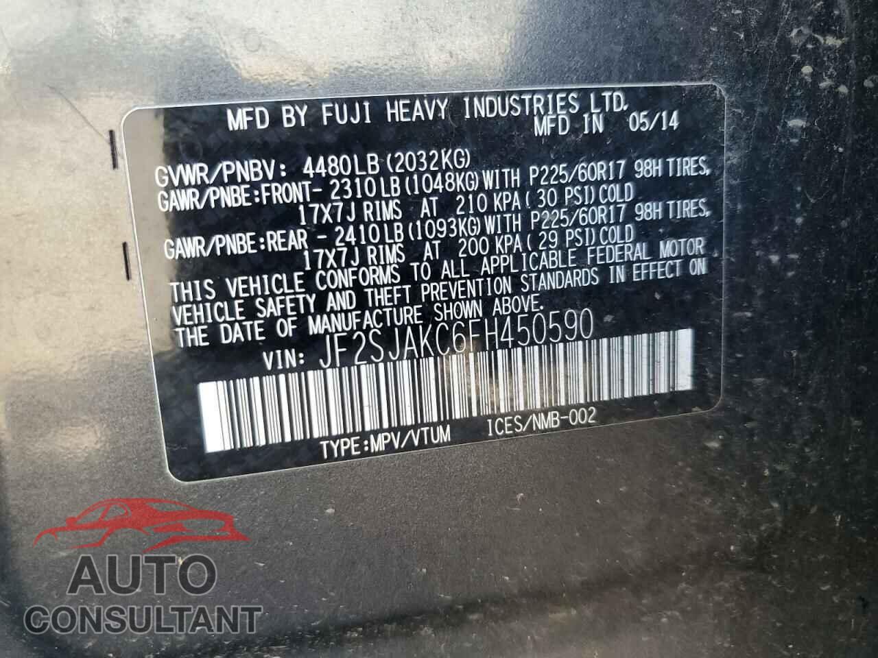 SUBARU FORESTER 2015 - JF2SJAKC6FH450590