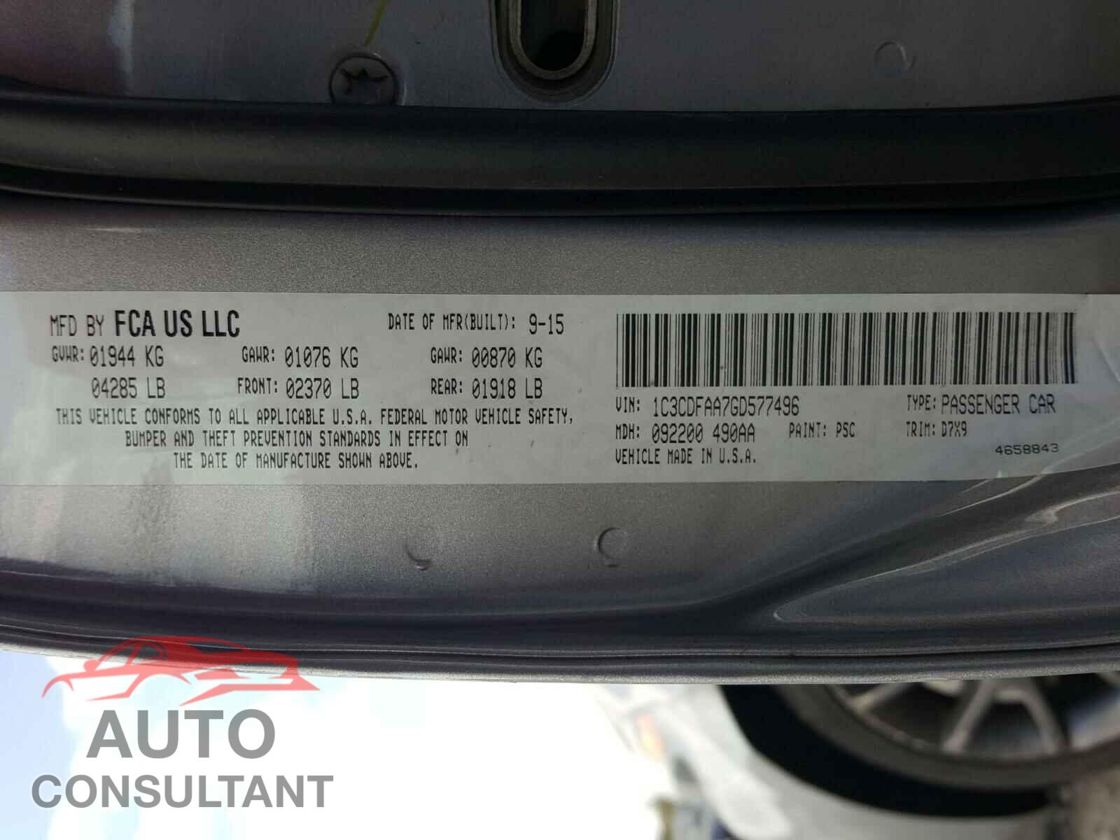 DODGE DART 2016 - 1C3CDFAA7GD577496
