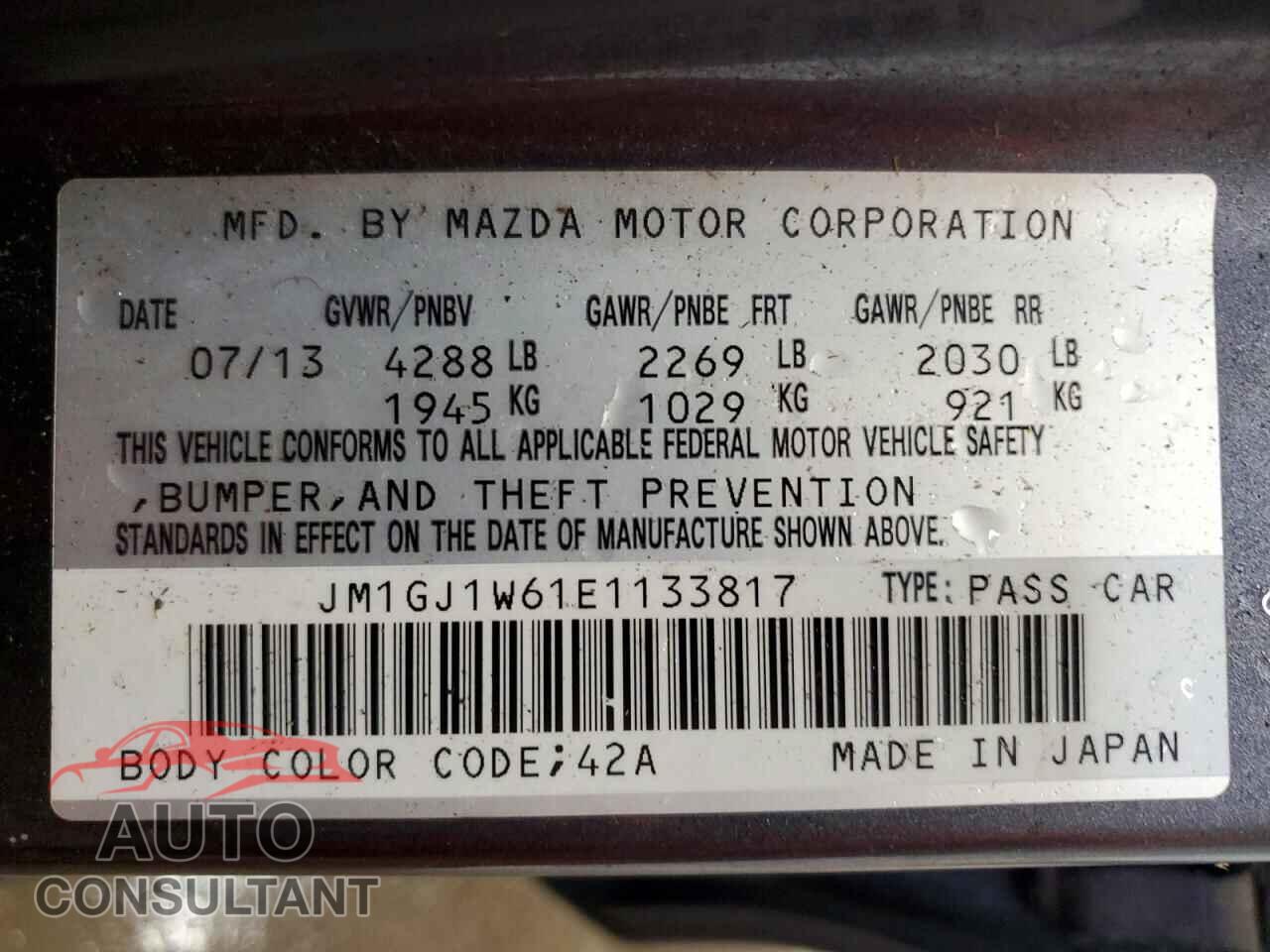 MAZDA 6 2014 - JM1GJ1W61E1133817