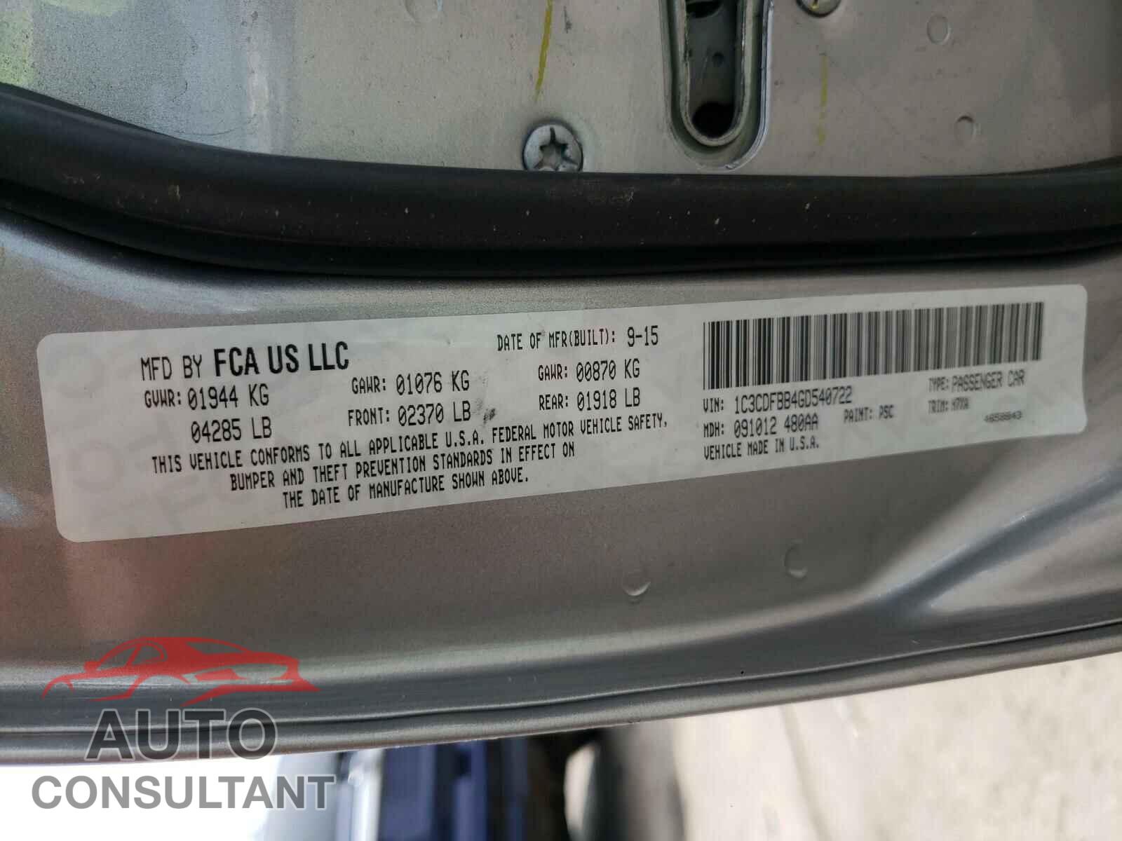 DODGE DART 2016 - 1C3CDFBB4GD540722