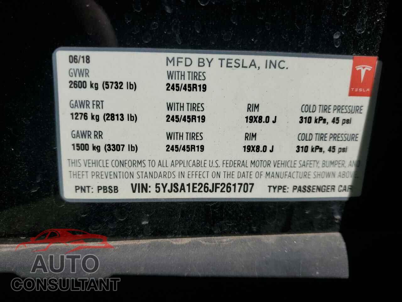 TESLA MODEL S 2018 - 5YJSA1E26JF261707