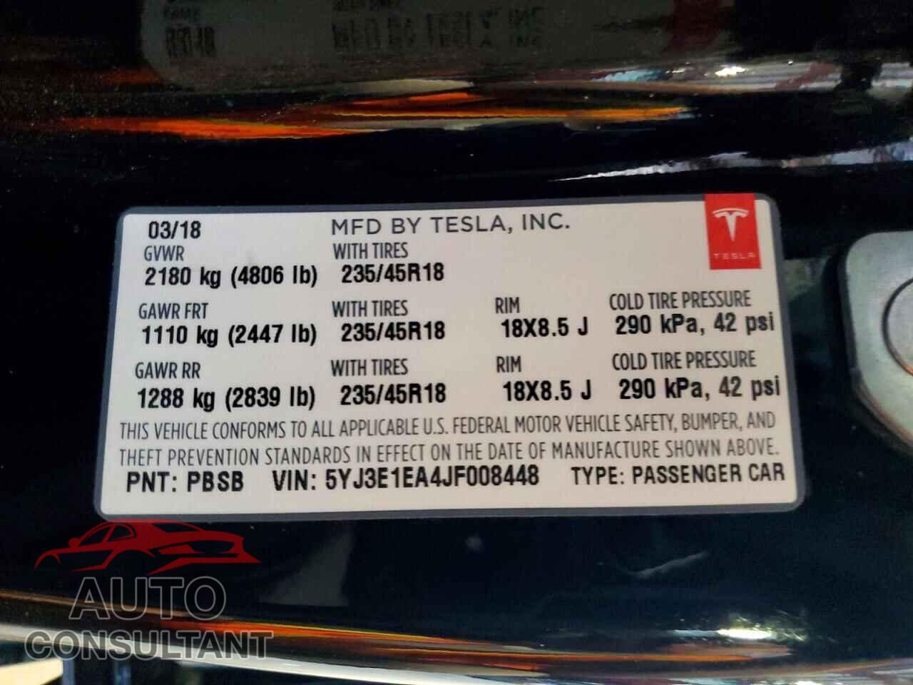 TESLA MODEL 3 2018 - 5YJ3E1EA4JF008448