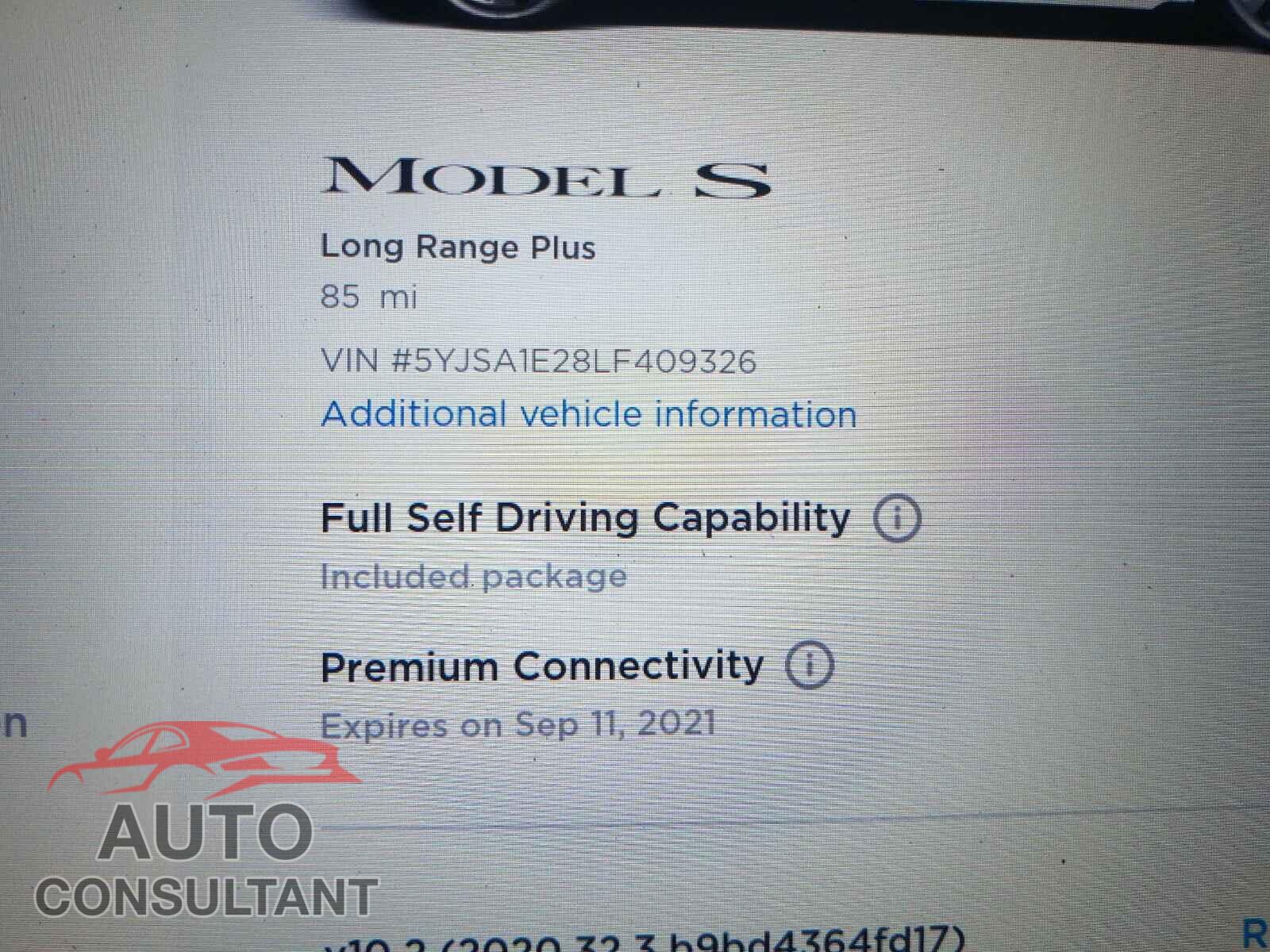 TESLA MODEL S 2020 - 5YJSA1E28LF409326