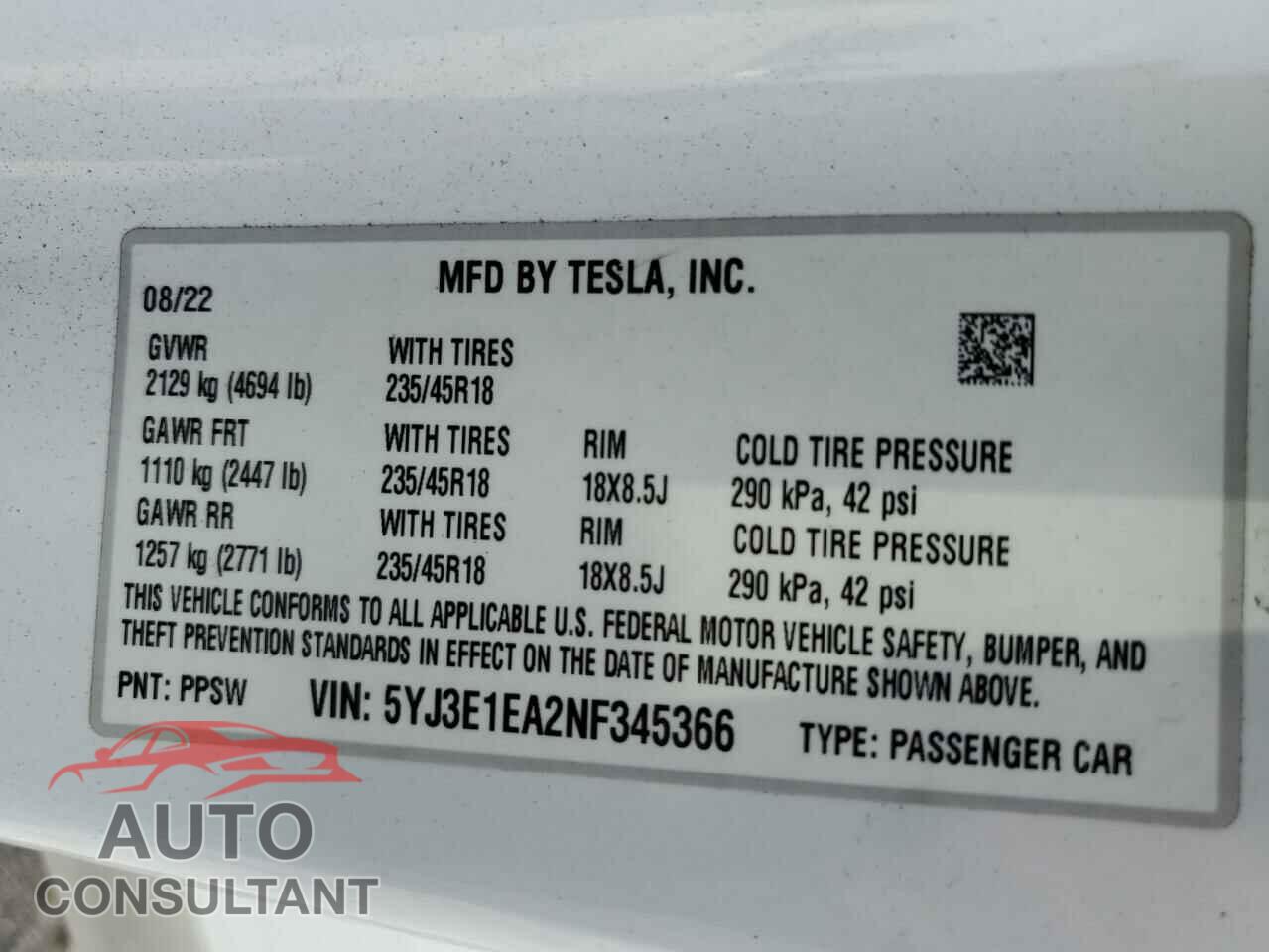 TESLA MODEL 3 2022 - 5YJ3E1EA2NF345366