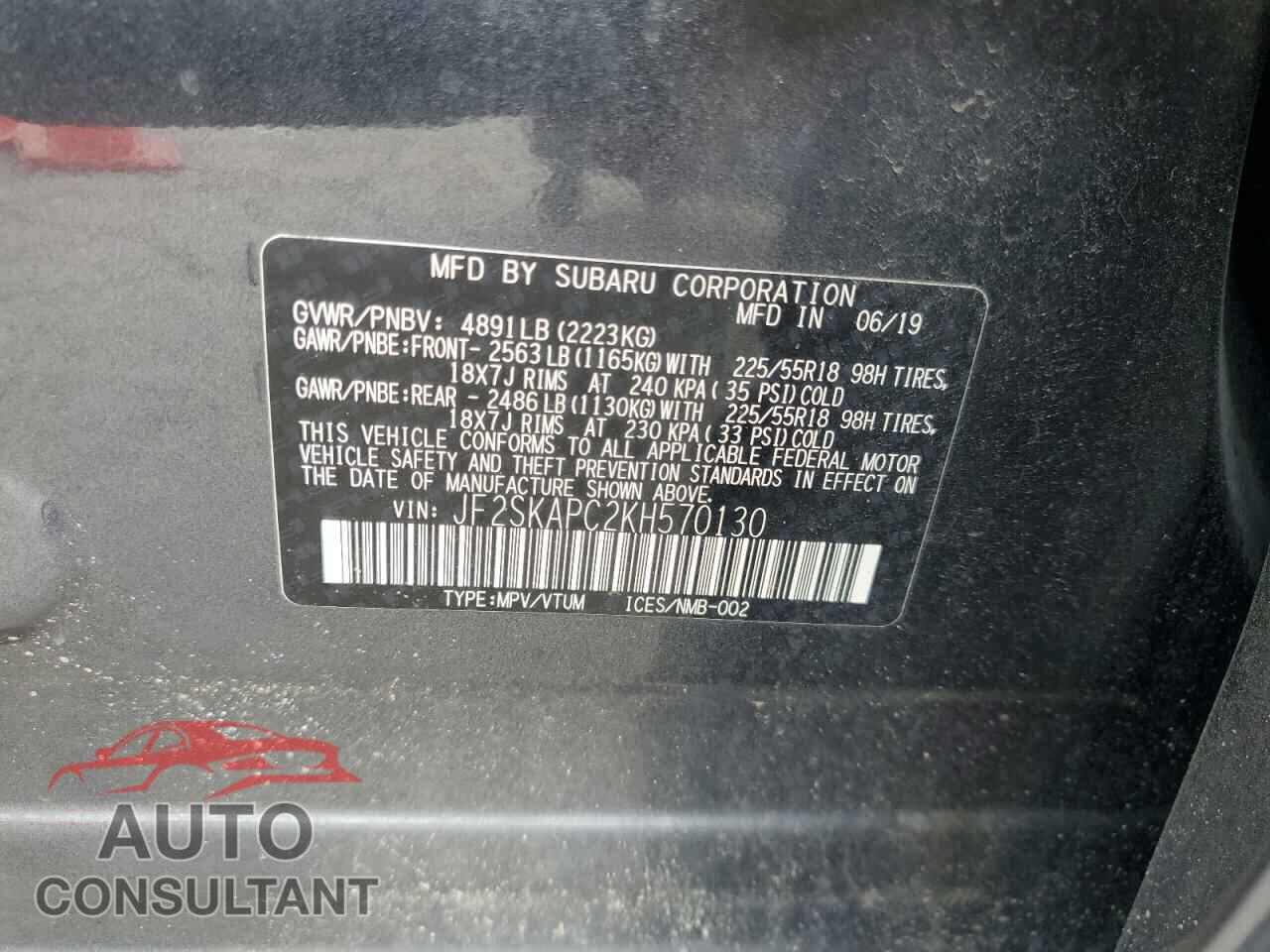 SUBARU FORESTER 2019 - JF2SKAPC2KH570130