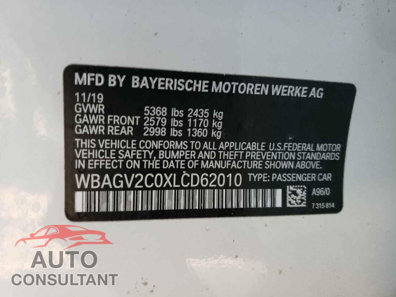 BMW 8 SERIES 2020 - WBAGV2C0XLCD62010
