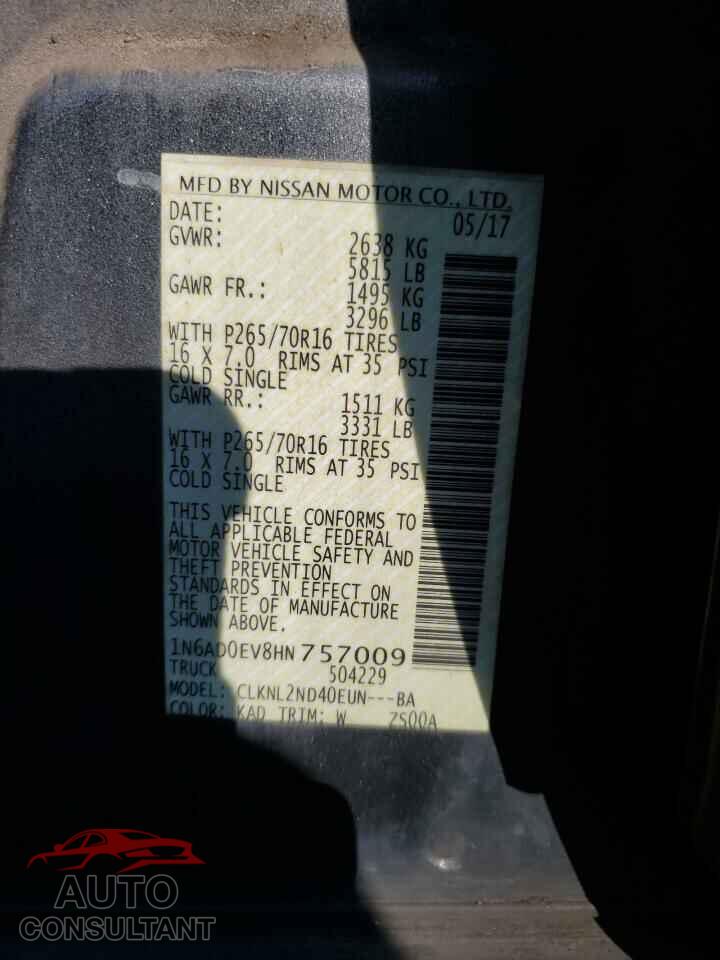 NISSAN FRONTIER 2017 - 1N6AD0EV8HN757009