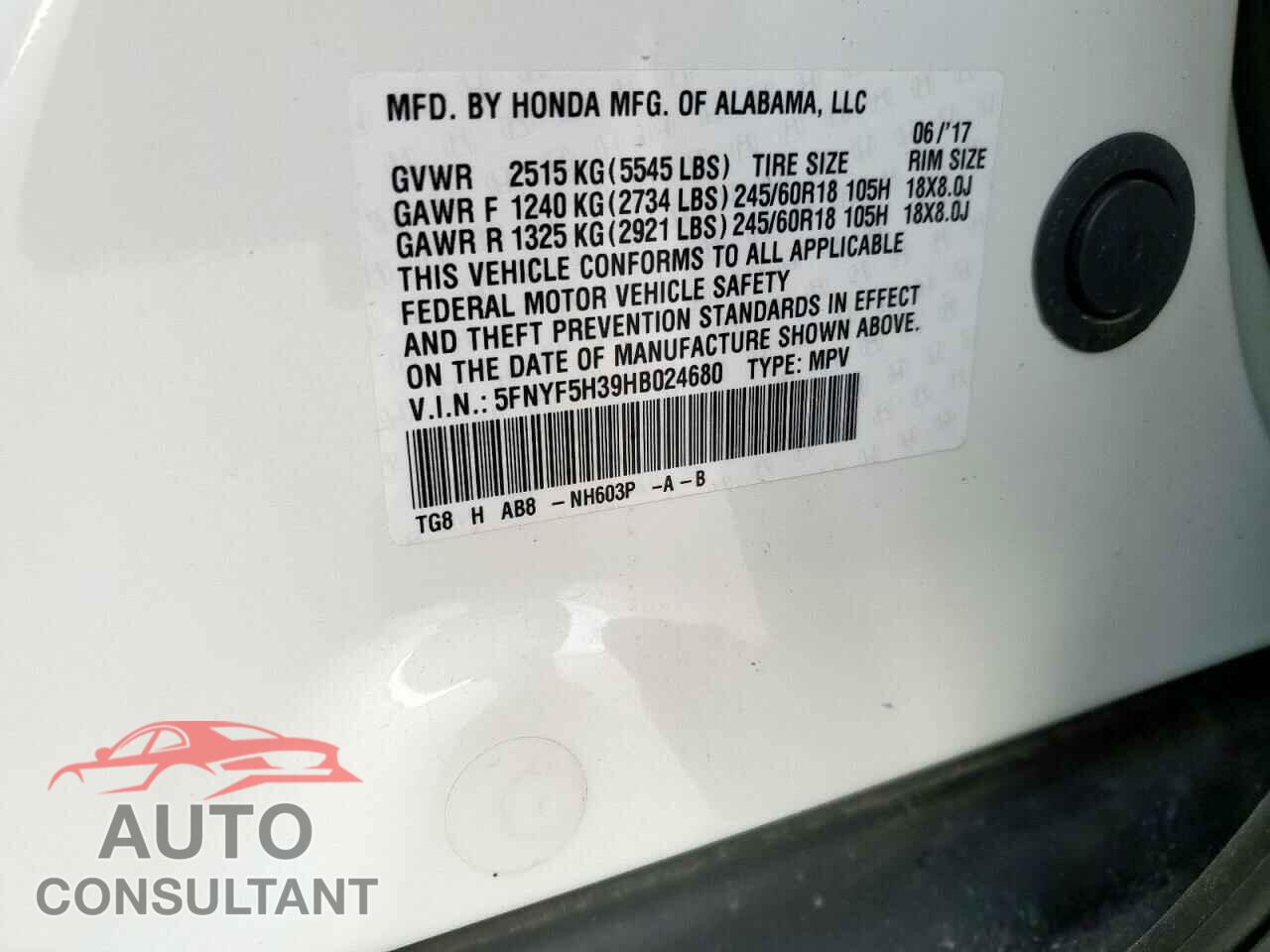 HONDA PILOT 2017 - 5FNYF5H39HB024680