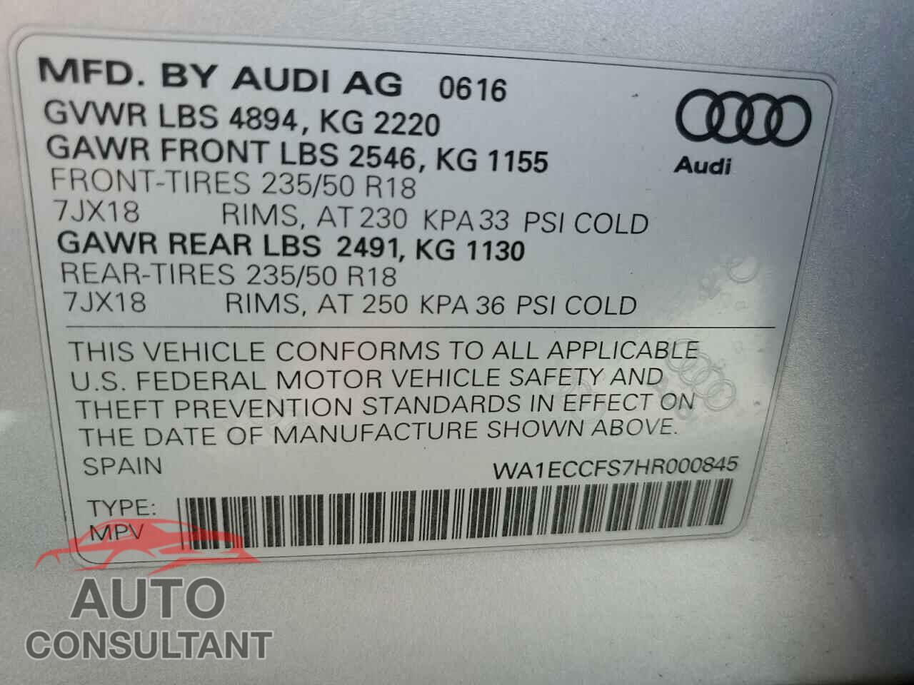 AUDI Q3 2017 - WA1ECCFS7HR000845