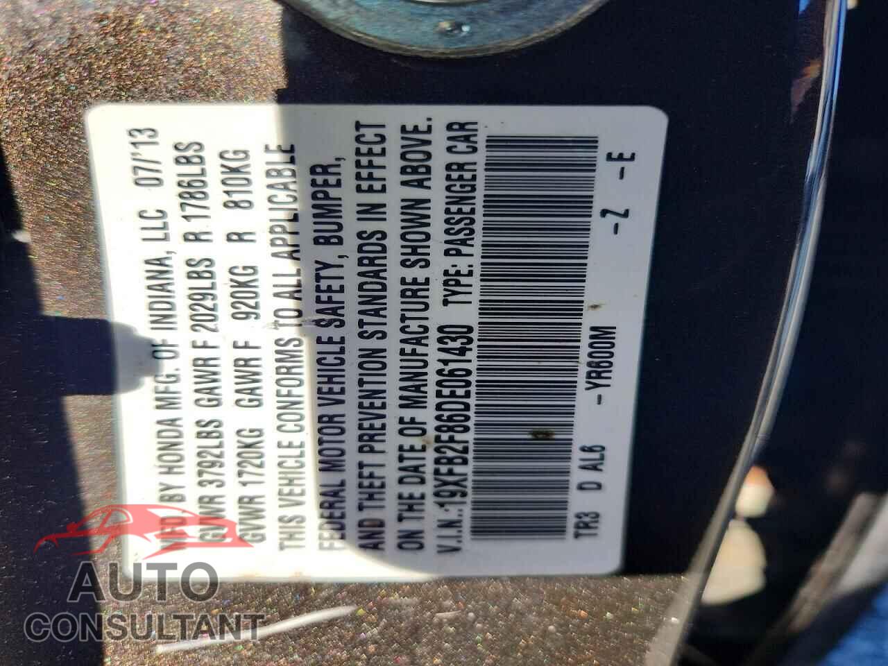 HONDA CIVIC 2013 - 19XFB2F86DE061430