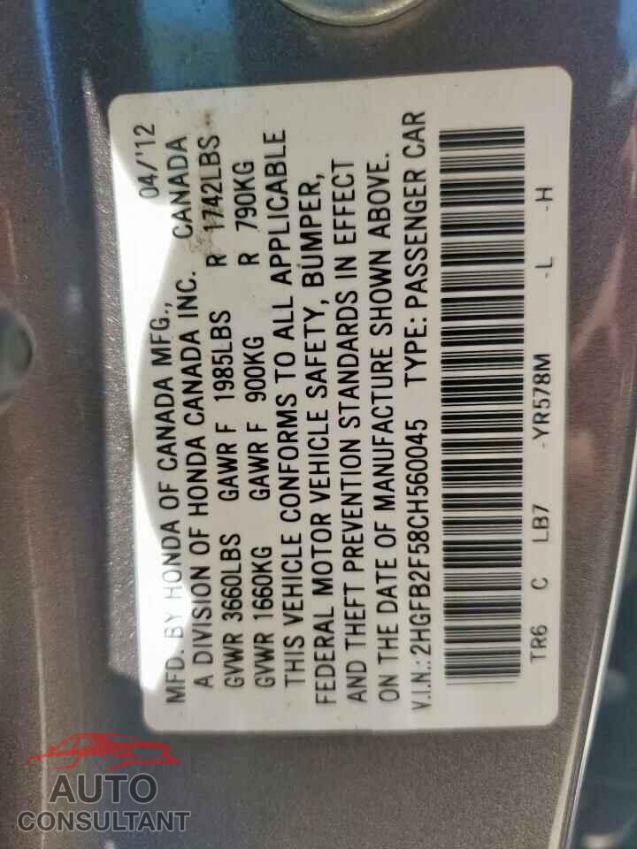 HONDA CIVIC 2012 - 2HGFB2F58CH560045
