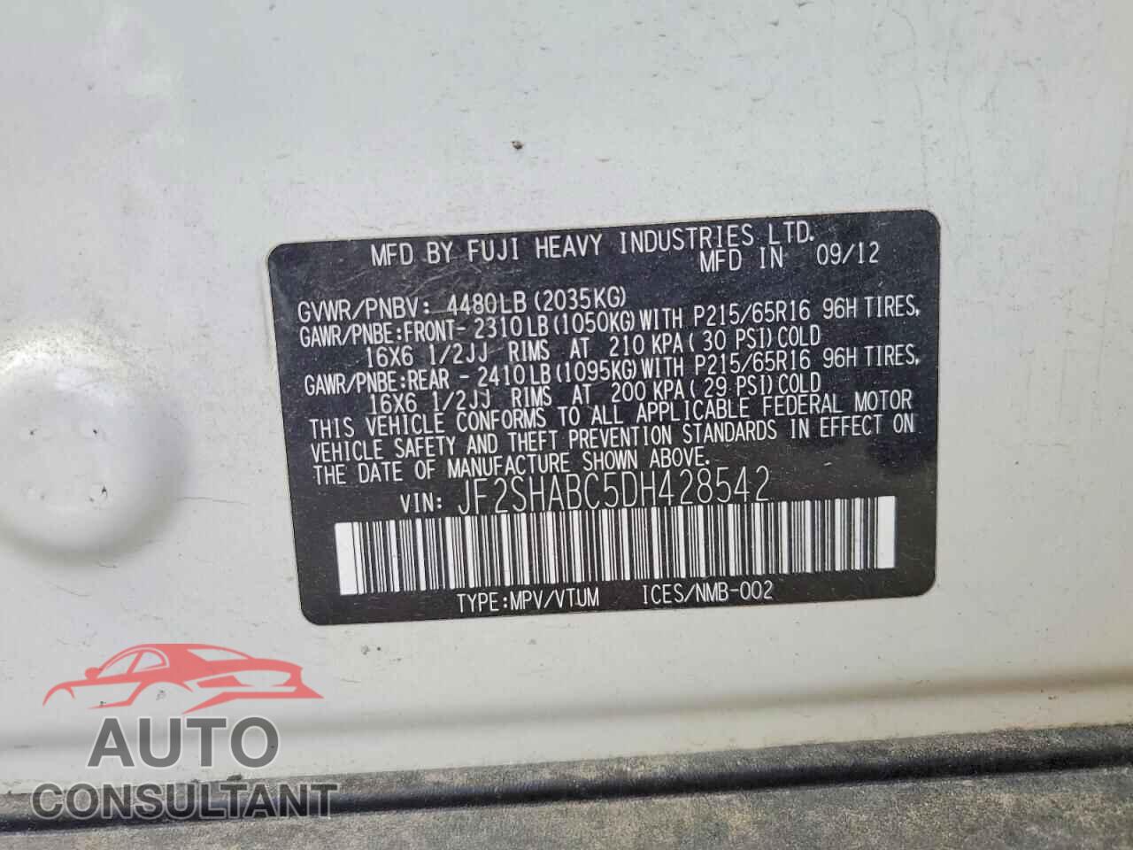 SUBARU FORESTER 2013 - JF2SHABC5DH428542