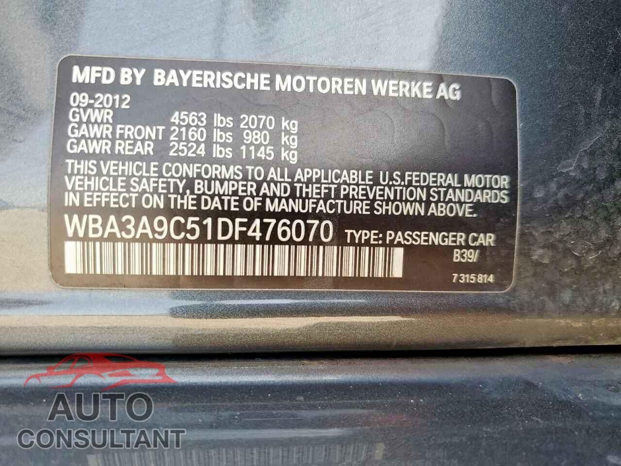 BMW 3 SERIES 2013 - WBA3A9C51DF476070