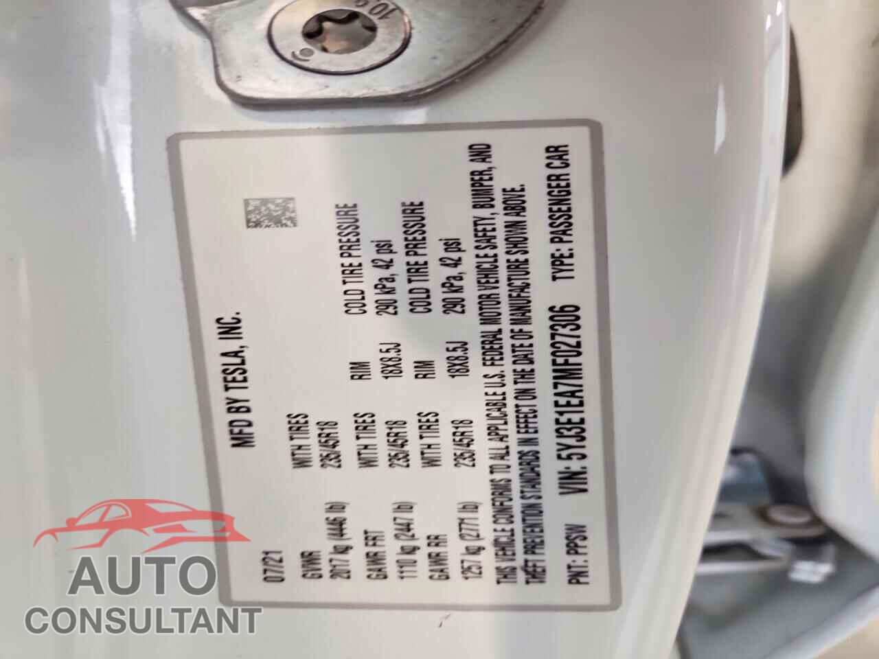 TESLA MODEL 3 2021 - 5YJ3E1EA7MF027306