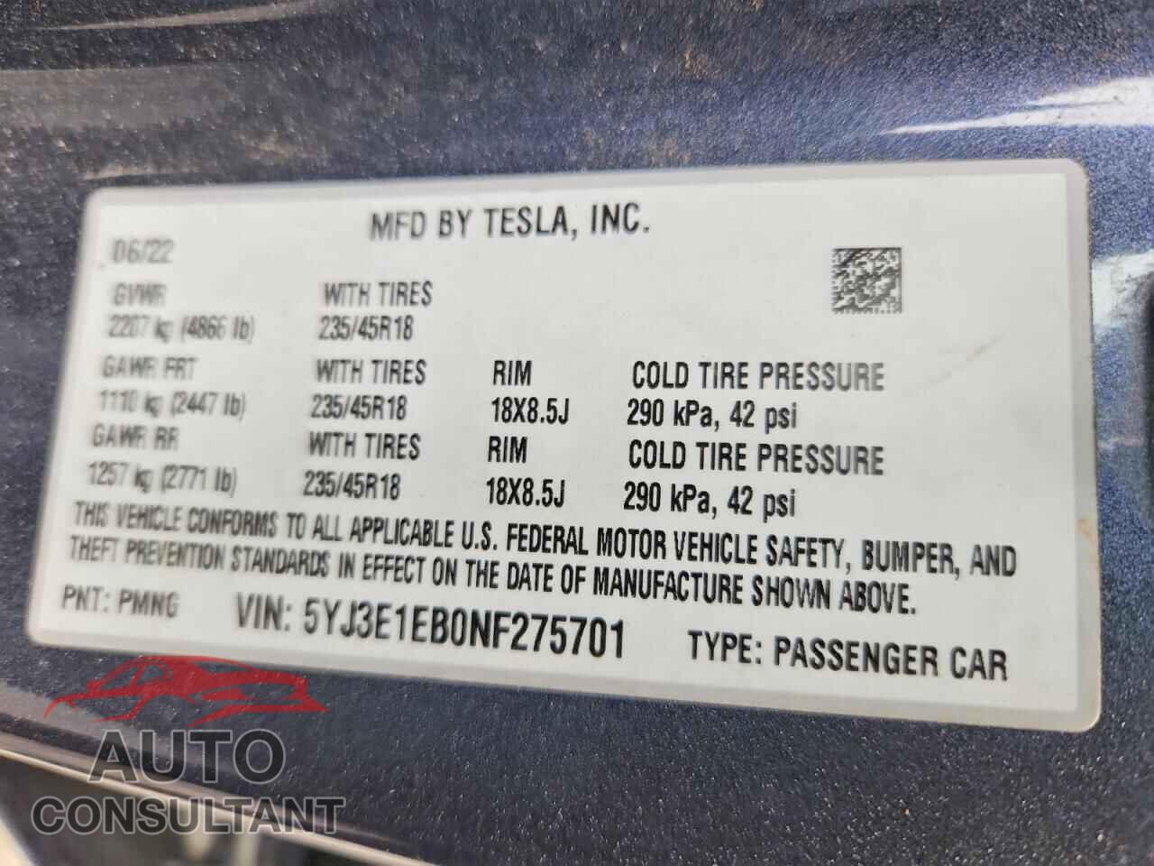 TESLA MODEL 3 2022 - 5YJ3E1EB0NF275701
