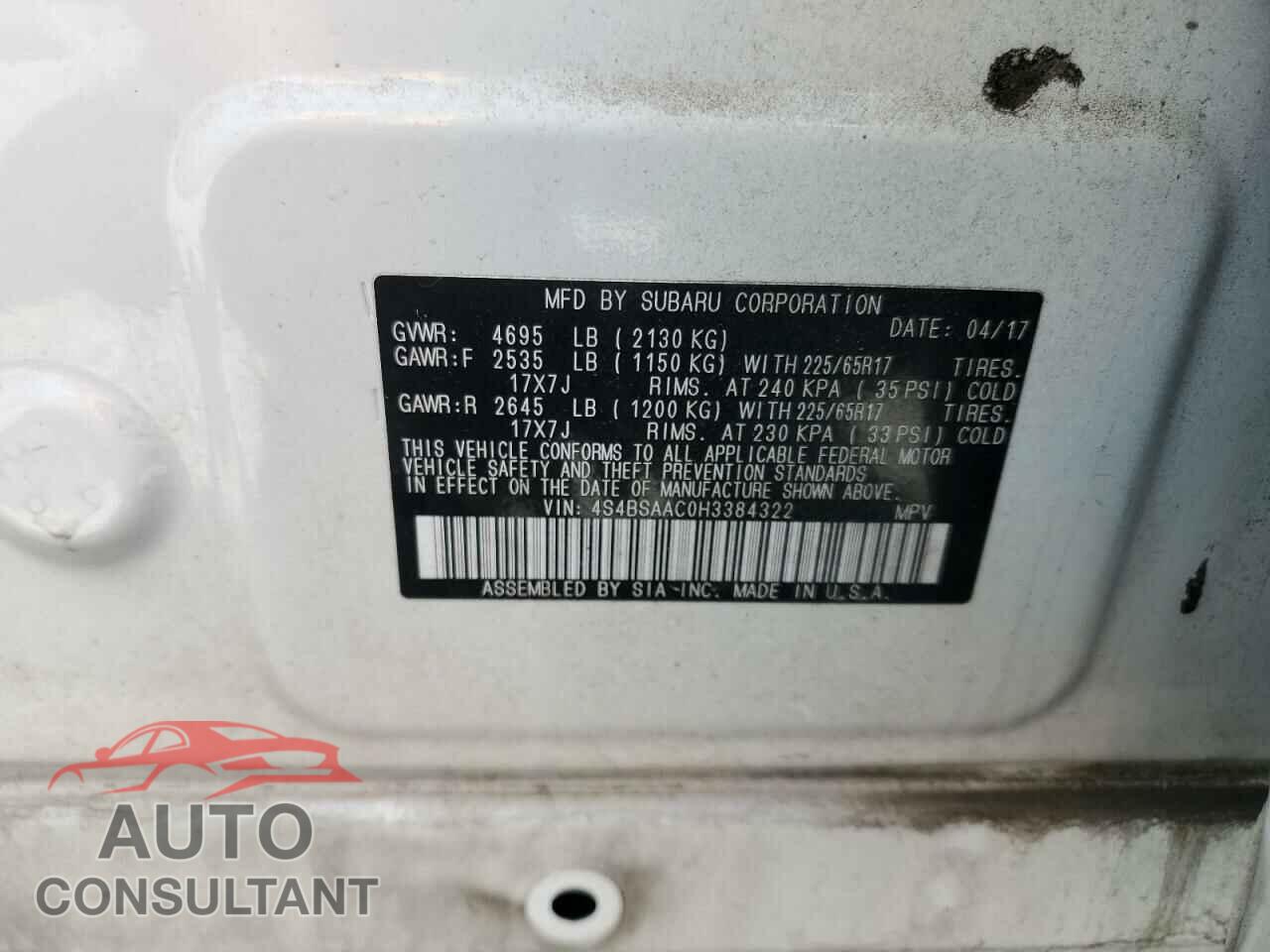 SUBARU OUTBACK 2017 - 4S4BSAAC0H3384322