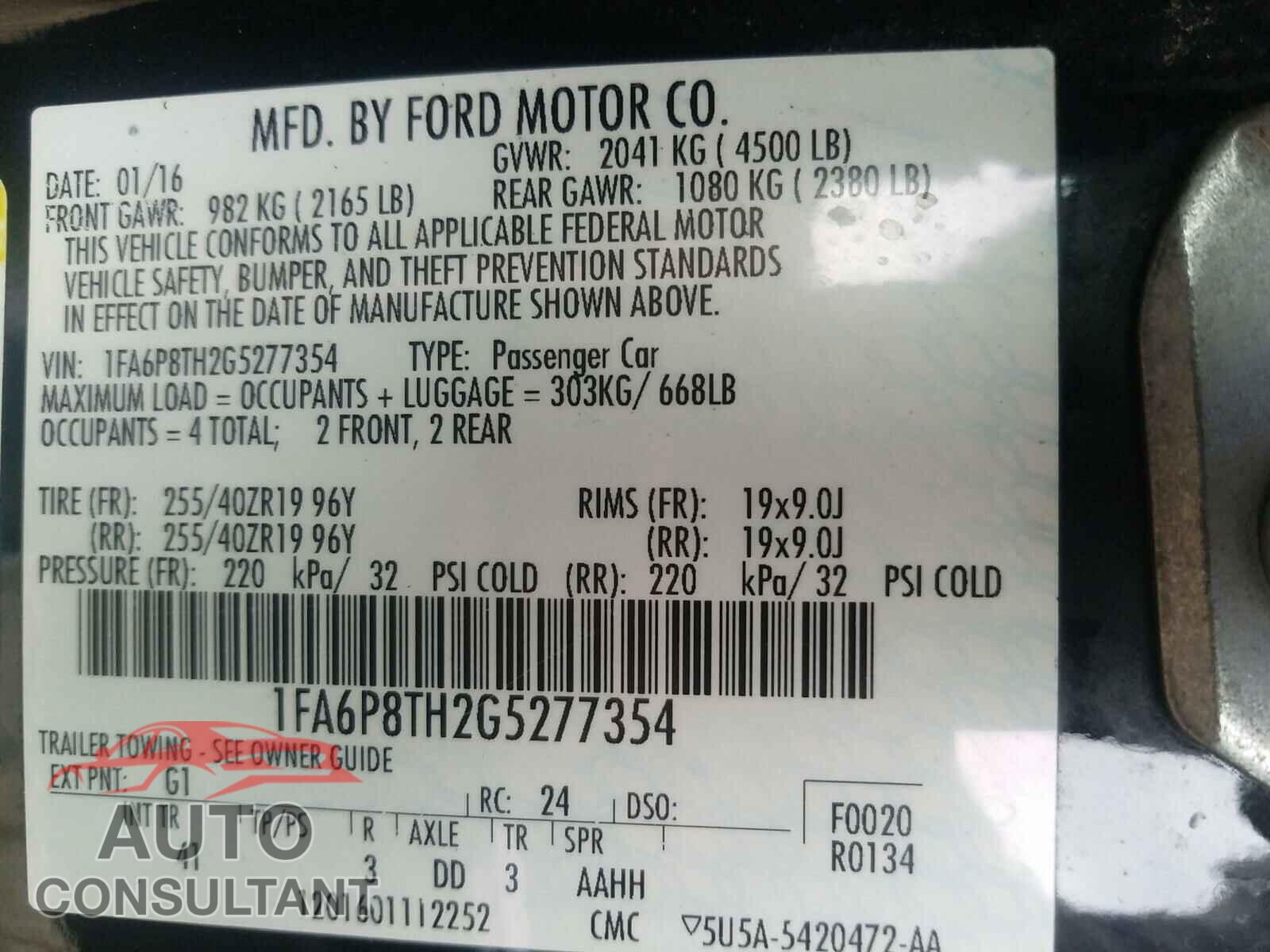FORD MUSTANG 2016 - 1FA6P8TH2G5277354